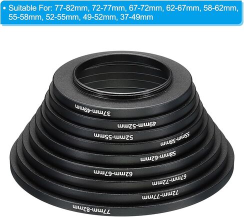 PATIKIL Step Up Rings Set, 9 Pack 37-49mm 49-52mm 52-55mm 55-58mm 58-62mm 62-67mm 67-72mm 72-77mm 77-82mm Lens Filter Adapter Ring for Camera Lenses, Black in Saudi Arabia