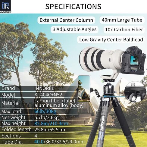 INNOREL KT364C Compact 10-Layer Carbon Fiber Camera Tripod 36mm Big Tube Professional Travel Tripod for Digital DSLR Video Camcorder Heavy Duty Camera Stand Load 66.1lb/30kg with Center Column in Saudi Arabia