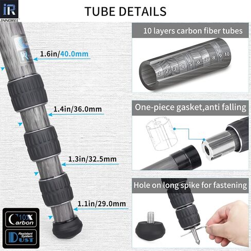 INNOREL KT364C Compact 10-Layer Carbon Fiber Camera Tripod 36mm Big Tube Professional Travel Tripod for Digital DSLR Video Camcorder Heavy Duty Camera Stand Load 66.1lb/30kg with Center Column in Saudi Arabia