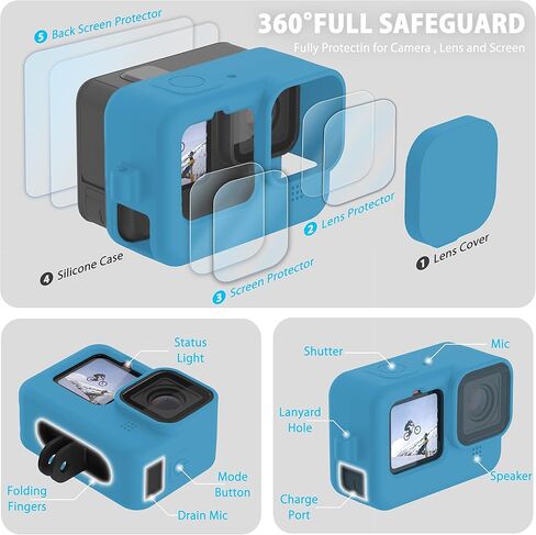 FitStill Blue Silicone Sleeve Case for Go Pro Hero 11 Hero 10 Hero 9 Black, Battery Side Cover&Screen Protectors&Lens Caps&Lanyard for Go Pro Hero 11 /10 / 9 Accessories Kit in Saudi Arabia