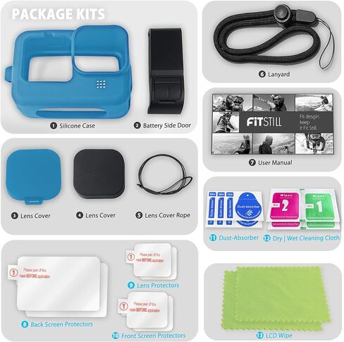 FitStill Blue Silicone Sleeve Case for Go Pro Hero 11 Hero 10 Hero 9 Black, Battery Side Cover&Screen Protectors&Lens Caps&Lanyard for Go Pro Hero 11 /10 / 9 Accessories Kit in Saudi Arabia