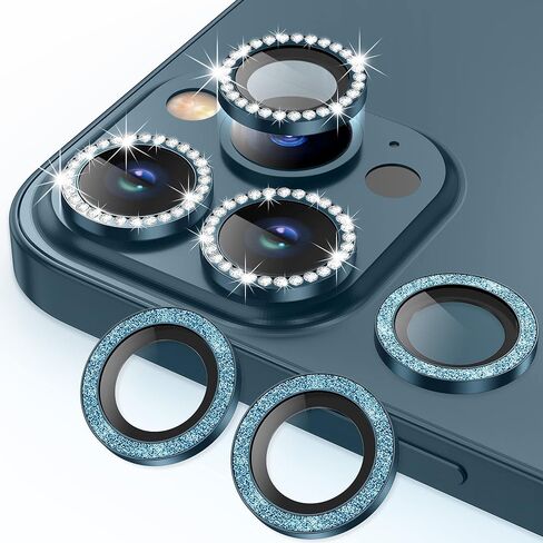 AGVEE 3+3 6 عبوات لهاتف iPhone 12 Pro Max 6.7 بوصة، واقي عدسة الكاميرا، Bling Diamond & Bling Glitter حلقة معدنية 9H من الزجاج المقوى HD غطاء واقي للكاميرا، أزرق in Saudi Arabia