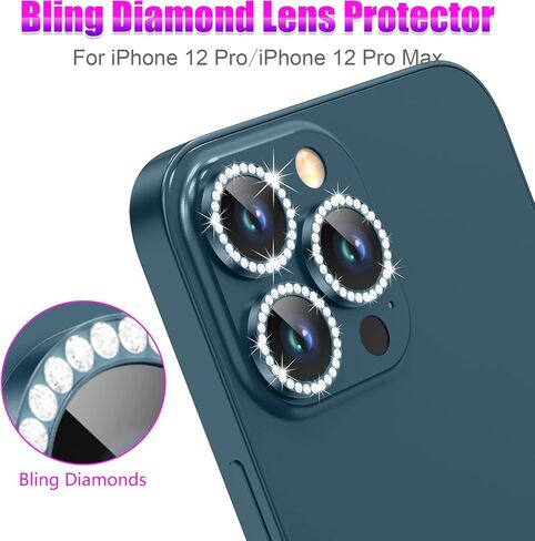 AGVEE 3+3 6 عبوات لهاتف iPhone 12 Pro Max 6.7 بوصة، واقي عدسة الكاميرا، Bling Diamond & Bling Glitter حلقة معدنية 9H من الزجاج المقوى HD غطاء واقي للكاميرا، أزرق in Saudi Arabia