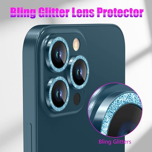 AGVEE 3+3 6 عبوات لهاتف iPhone 12 Pro Max 6.7 بوصة، واقي عدسة الكاميرا، Bling Diamond & Bling Glitter حلقة معدنية 9H من الزجاج المقوى HD غطاء واقي للكاميرا، أزرق in Saudi Arabia