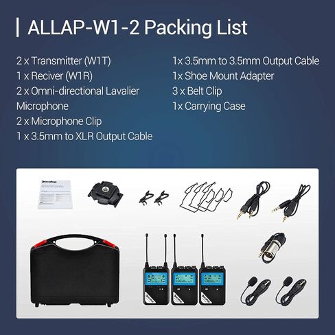 kacallap ALLAP-W1-2 Kit Omnidirectional UHF Wireless Lavalier Microphone System with 1 Receiver, 2 Transmitter, A/B Group Total 100 Channel for Canon Nikon Sony Cameras, XLR Camcorder, Phone in Saudi Arabia