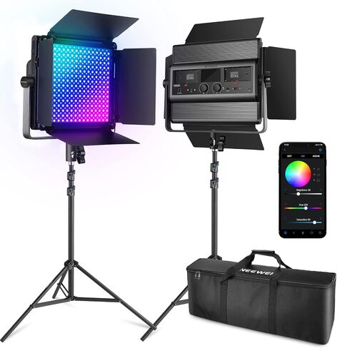 NEEWER 2 Pack RGB1200 LED Video Light مع التحكم APP/2.4G، مجموعة إضاءة فيديو تصوير فوتوغرافي 60 وات مع حامل وحقيبة، 22000Lux@0.5m/1% تعتيم دقيق/360 درجة RGB/ CRI97+/TLCI98+/2500K-8500K/18 تأثيرات in Kuwait
