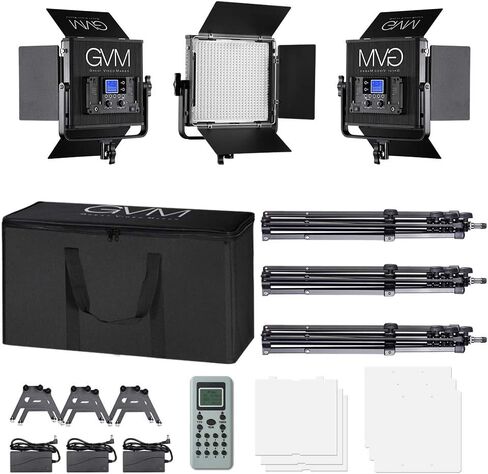 LED Video Light GVM 672S CRI97+ TLCI97+ 22000lux Dimmable Bi-color 3200K-5600K Light Panel With Digital Display For Outdoor Interview Studio Video Making Photography Lighting 3 pcs Kit in Saudi Arabia