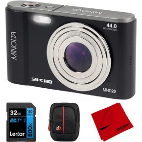 كاميرا Minolta MND20-S بدقة 44 ميجابكسل 2.7K فائقة الدقة رقمية، حزمة فضية مع بطاقة ذاكرة Lexar 32G BUHS-I SDHC، وحقيبة كاميرا Deco Photo Point and Shoot وقطعة قماش للتنظيف من الألياف الدقيقة من Deco in Kuwait