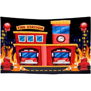 5x3ft Soft Fabric Fire Station Backdrop Fire Truck Hydrant Alarm Photography Background City Silhouette Rescue Firefighter Party Supplies Decor Photo Booth Studio Props RBJLSME006