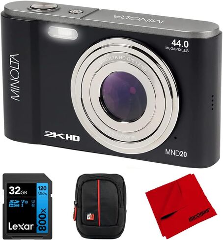 Minolta MND20-BK 44 MP 2.7K Ultra HD Digital Camera, Black Bundle with Lexar 32GB UHS-I SDHC Memory Card, Deco Photo Point and Shoot Camera Case and Deco Photo Microfiber Cleaning Cloth in Saudi Arabia