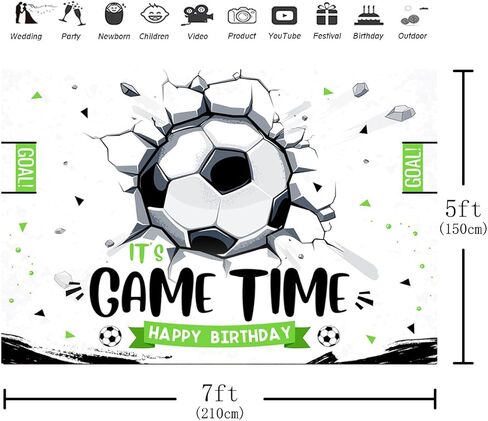 ابيرتشور خلفية لحفلة عيد ميلاد سعيد لكرة القدم مقاس 7×5 قدم بعبارة «It's Game Time» لتزيين حفلات كرة القدم للاولاد والرجال والاطفال ولوازم طاولة الكيك ودعائم كشك التصوير in Kuwait