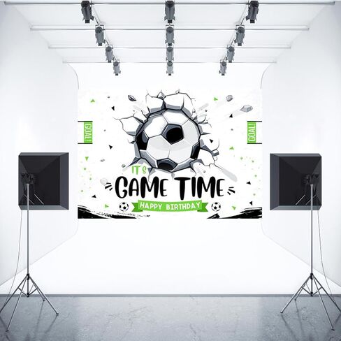 ابيرتشور خلفية لحفلة عيد ميلاد سعيد لكرة القدم مقاس 7×5 قدم بعبارة «It's Game Time» لتزيين حفلات كرة القدم للاولاد والرجال والاطفال ولوازم طاولة الكيك ودعائم كشك التصوير in Kuwait