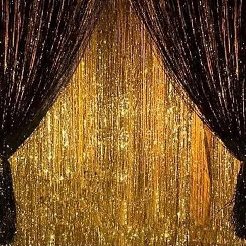 2PCS 3' X 8' Black and Gold Metallic Tinsel Foil Fringe Curtain Backdrop for 2023 New Years Eve, Halloween Party, Graduation Decoration in Saudi Arabia