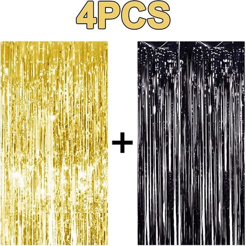 2PCS 3' X 8' Black and Gold Metallic Tinsel Foil Fringe Curtain Backdrop for 2023 New Years Eve, Halloween Party, Graduation Decoration in Saudi Arabia