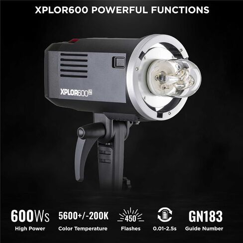 Flashpoint XPLOR 600 HSS يعمل بالبطارية الخارجية ستوديو فلاش ستروب مونولايت مع نظام تحكم عن بعد راديو R2 2.4 جيجا هرتز مدمج، حامل بوينز، بطارية ليثيوم 600 واط 11.1 فولت 8700 مللي أمبير في الساعة، 450 ومضات طاقة كاملة in Kuwait