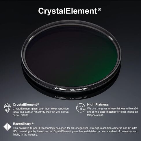 Velium CPL Filter/Circular Polarizer, ULR Edition, with Microfiber Cloth, CrystalElement RazorSharp, Compatible with Canon Nikon Sony Fujifilm Camera Lens (82mm) in Saudi Arabia
