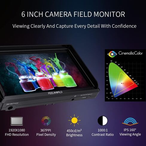 FEELWORLD FW568 V3 Upgrade 6 Inch Camera Field Monitor with 4k HDMI Ultra Bright Screen 3D Lut Small Full HD 1920x1080 IPS Video Peaking Focus for DSLR Cameras Include Sunshade and Tilt Arm Mount in Saudi Arabia
