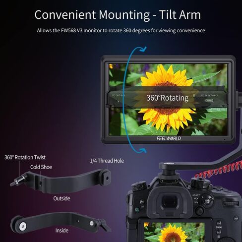 FEELWORLD FW568 V3 Upgrade 6 Inch Camera Field Monitor with 4k HDMI Ultra Bright Screen 3D Lut Small Full HD 1920x1080 IPS Video Peaking Focus for DSLR Cameras Include Sunshade and Tilt Arm Mount in Saudi Arabia