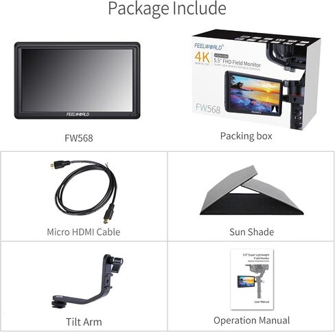 FEELWORLD FW568 V3 Upgrade 6 Inch Camera Field Monitor with 4k HDMI Ultra Bright Screen 3D Lut Small Full HD 1920x1080 IPS Video Peaking Focus for DSLR Cameras Include Sunshade and Tilt Arm Mount in Saudi Arabia