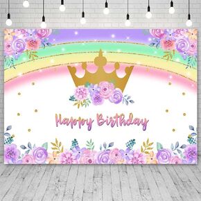 SENDY 7x5ft قوس قزح عيد ميلاد سعيد خلفية الفتيات الأميرة الذهب تاج عيد ميلاد التصوير خلفية الأرجواني الزهور والذهب النقاط عيد ميلاد حزب زينة كعكة الجدول راية صور استوديو الدعائم in Kuwait