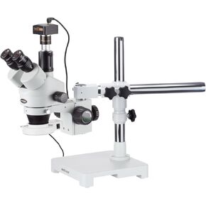 AmScope SM-3TX-54S-M Digital Professional Trinocular Stereo Zoom Microscope, WH10x Eyepieces, 3.5X-45X Magnification, 0.7X-4.5X Zoom Objective, 54-Bulb LED Light, Single-Arm Boom Stand, 110V-240V, Includes 0.5X Barlow Lens and 1.3MP Camera with Reduction  in Kuwait