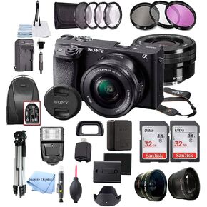 Alpha a6400 Mirrorless Digital Camera 24.2MP Sensor with 16-50mm Lens, 2 Pack SanDisk 32GB Memory Card, Backpack, Full Size Tripod & Inspire Digital Cloth Accessory Bundle (Black) (Renewed) in Kuwait