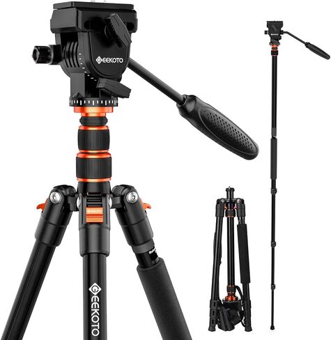 GEEKOTO Video Tripod Fluid Head، حامل ثلاثي للكاميرا احترافي لـ DSLR، Monopod ألومنيوم 77 بوصة - حامل ثلاثي للكاميرا لـ DSLR، حامل ثلاثي من الألومنيوم مدمج برأس كروي 360 درجة in Kuwait