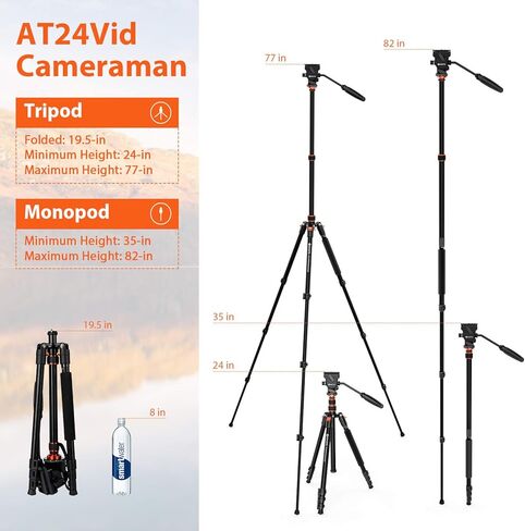 GEEKOTO Video Tripod Fluid Head، حامل ثلاثي للكاميرا احترافي لـ DSLR، Monopod ألومنيوم 77 بوصة - حامل ثلاثي للكاميرا لـ DSLR، حامل ثلاثي من الألومنيوم مدمج برأس كروي 360 درجة in Kuwait
