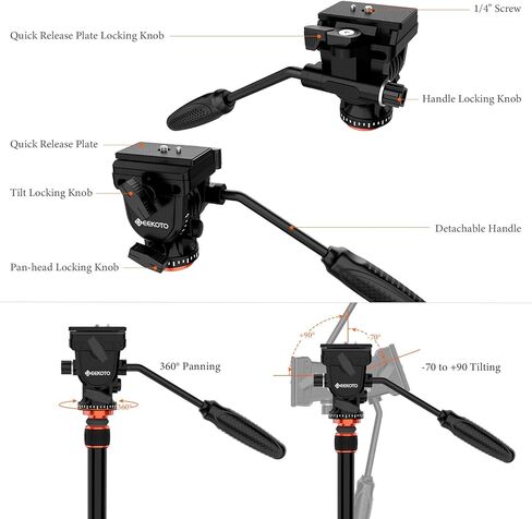 GEEKOTO Video Tripod Fluid Head، حامل ثلاثي للكاميرا احترافي لـ DSLR، Monopod ألومنيوم 77 بوصة - حامل ثلاثي للكاميرا لـ DSLR، حامل ثلاثي من الألومنيوم مدمج برأس كروي 360 درجة in Kuwait