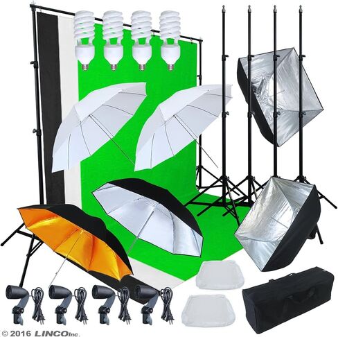 LINCO Lincostore Photo Lighting Video Studio Light Kit AM155 - Including 3 Color Backdrops (Black/Whtie/Green) Background Screen in Saudi Arabia