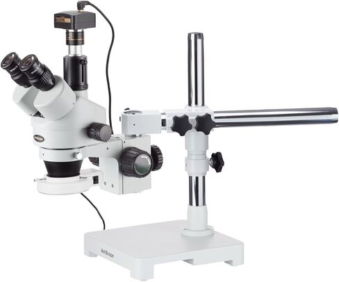 AmScope SM-3TX-54S-M Digital Professional Trinocular Stereo Zoom Microscope, WH10x Eyepieces, 3.5X-45X Magnification, 0.7X-4.5X Zoom Objective, 54-Bulb LED Light, Single-Arm Boom Stand, 110V-240V, Includes 0.5X Barlow Lens and 1.3MP Camera with Reduction  in Kuwait