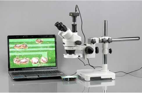 AmScope SM-3TX-54S-M Digital Professional Trinocular Stereo Zoom Microscope, WH10x Eyepieces, 3.5X-45X Magnification, 0.7X-4.5X Zoom Objective, 54-Bulb LED Light, Single-Arm Boom Stand, 110V-240V, Includes 0.5X Barlow Lens and 1.3MP Camera with Reduction  in Kuwait