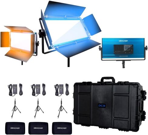 Dracast X Series LED1000 Kit with Injection Molded Travel Case - 3 Pack Includes Panel Lights, Stands, Barndoors | Bluetooth App Control | Bicolor LED Video Light Kit 3200K - 5600K | Dimmable 0-100% in Saudi Arabia