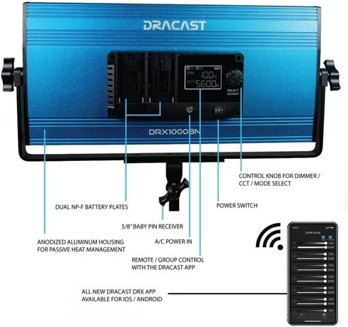 Dracast X Series LED1000 Kit with Injection Molded Travel Case - 3 Pack Includes Panel Lights, Stands, Barndoors | Bluetooth App Control | Bicolor LED Video Light Kit 3200K - 5600K | Dimmable 0-100% in Saudi Arabia
