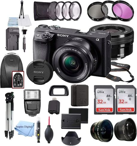 Alpha a6400 Mirrorless Digital Camera 24.2MP Sensor with 16-50mm Lens, 2 Pack SanDisk 32GB Memory Card, Backpack, Full Size Tripod & Inspire Digital Cloth Accessory Bundle (Black) (Renewed) in Kuwait
