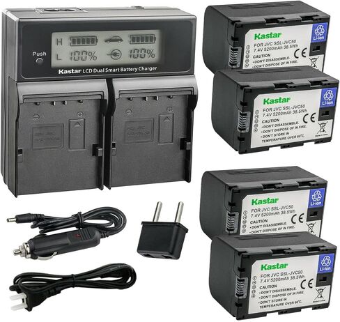 Kastar 3-Pack SSL-JVC50 Battery and CH04 LCD Dual Fast Charger Compatible with JVC GY-HM250 GY-HM250SP, GY-HM600, GY-HM600E, GY-HM600EC, GY-HM620U, GY-HM650, GY-HM650U, GY-HM650SC Camera in Kuwait