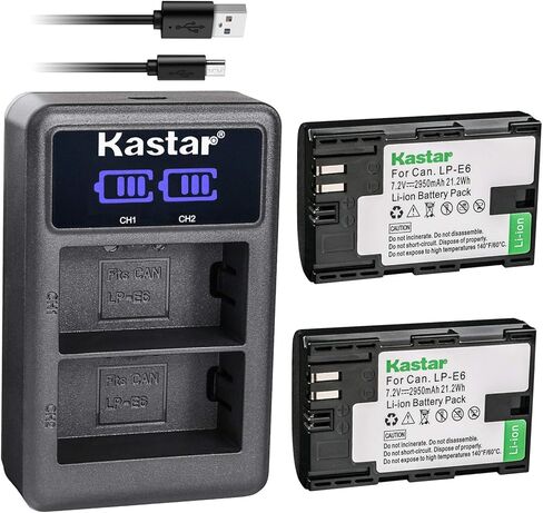 Kastar Battery x2 + Dual LCD Charger for Canon LP-E6, LP-E6N, EOS 5DS R, 5D Mark II, 5D Mark III, Mark IV, 6D, 6D Mark II, 7D, 7DSV, 7D Mark II, 60D, 60Da, 70D, 80D, XC10, XC15, Marshall HDMI Monitor in Saudi Arabia