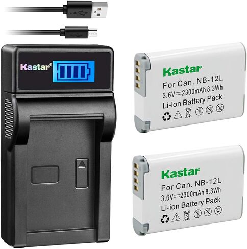 Kastar Battery (X2) & LCD Slim USB Charger for Canon NB-12L, NB12L, CB-2LG and Canon PowerShot G1 X Mark II, Canon PowerShot N100, Canon VIXIA Mini X, LEGRIA Mini X Digital Camera in Kuwait