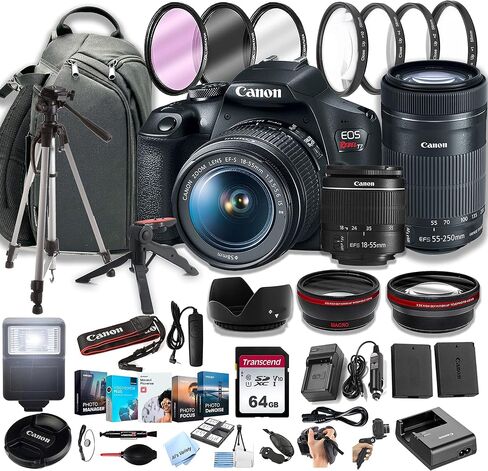 كاميرا Canon EOS Rebel T7 DSLR مع عدسة تكبير EF-S مقاس 18-55 مم F/3.5-5.6 + عدسة STM مقاس 55-250 مم f/4-5.6 + بطاقات ذاكرة سعة 64 جيجابايت، حزمة صور احترافية (حزمة 42 قطعة) in Saudi Arabia