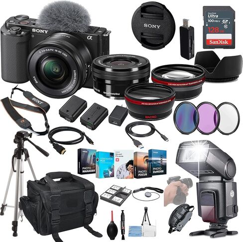 Sony ZV-E10 Mirrorless Camera with 16-50mm Lens (Black) Bundle - ILCZV-E10L/B + Prime Accessory Package Including 128GB Memory, TTL Flash, Battery, Editing Software Package, Auxiliary Lenses & More in Saudi Arabia