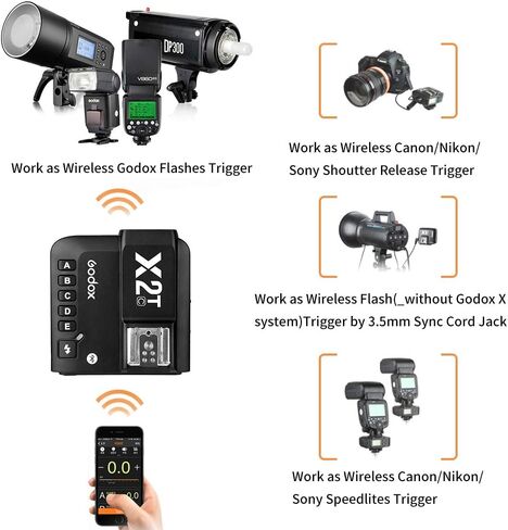 Godox X2T-C TTL Wireless Flash Trigger with Bluetooth Connection for Canon, 2.4G HSS 1/8000s,TCM Function,5 Separate Group Buttons & Quick Lock Hot-Shoe &LCD Display in Saudi Arabia