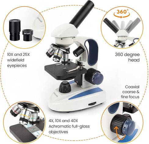 AmScope M158C-2L-E Digital Cordless Compound Monocular Microscope, WF10x and WF25x Eyepieces, 40x-1000x Magnification, Upper and Lower LED Illumination with Rheostat, Brightfield, Single-Lens Condenser, Coaxial Coarse and Fine Focus, Plain Stage, 110V or  in Saudi Arabia