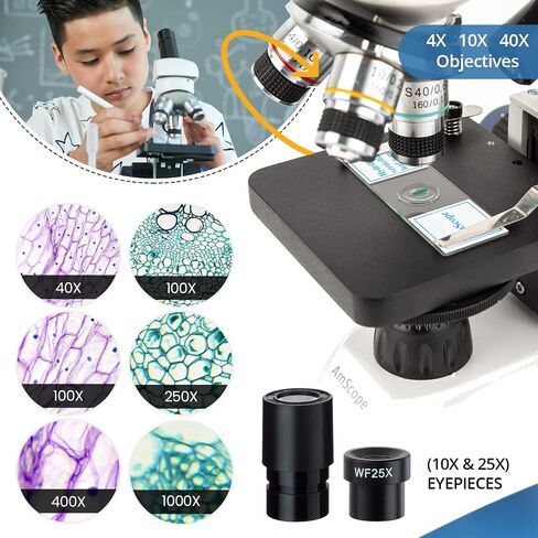 AmScope M158C-2L-E Digital Cordless Compound Monocular Microscope, WF10x and WF25x Eyepieces, 40x-1000x Magnification, Upper and Lower LED Illumination with Rheostat, Brightfield, Single-Lens Condenser, Coaxial Coarse and Fine Focus, Plain Stage, 110V or  in Saudi Arabia