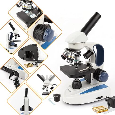 AmScope M158C-2L-E Digital Cordless Compound Monocular Microscope, WF10x and WF25x Eyepieces, 40x-1000x Magnification, Upper and Lower LED Illumination with Rheostat, Brightfield, Single-Lens Condenser, Coaxial Coarse and Fine Focus, Plain Stage, 110V or  in Saudi Arabia