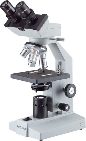 AmScope B100B Compound Binocular Microscope, 40X-2000X Magnification, Brightfield, Tungsten Illumination, Abbe Condenser, Plain Stage in Kuwait