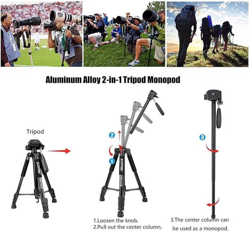 Selfie Tripod,ZM Q222 Lightweight Aluminum Tripod Monopod Portable Travel Camera Stand with 3-Way Pan Head and Carry Bag for Canon Nikon Sony DSLR(Black) in Kuwait