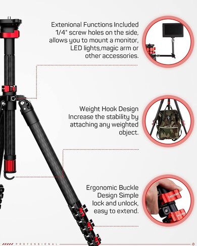 IFOOTAGE TC6S Carbon Fiber Video Tripod 65" Professional Camera Tripod | 3 Sections Camera Tripod with Centre Pole Compatible Canon Nikon Sony DSLR Camcorder, Professional Video Support, 17.6lb Load in Saudi Arabia