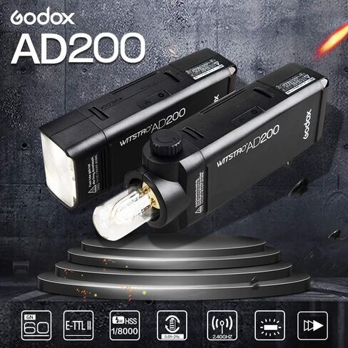 GODOX AD200 Pocket Flash Speedlite 200Ws 1/8000s HSS Cordless Monolight Kit, 500 Full Power Pocket Flash, 0.01-2.1s Recycling, Bare Bulb/Speedlite Flash Head, 2900mAh Rechargeable Battery (AD200) in Saudi Arabia