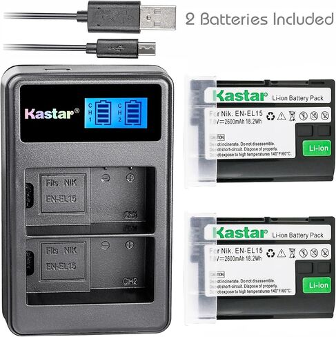 Kastar Battery (X2) & LCD Dual Slim Charger for Nik EN-EL15, ENEL15 and Nik 1 V1, D500, D600, D610, D750, D800, D7000, D7100, D800, D800E DSLR Camera, Grip MB-D11, MB-D12, MB-D14, MB-D15, MB-D16 in Saudi Arabia