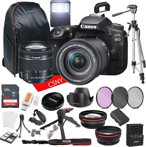 كاميرا Canon EOS 90D DSLR مع عدسة EF-S مقاس 18-5 مم F/4-5.6 هي عدسة STM + ذاكرة سعة 64 جيجابايت + حقيبة خلفية + حامل ثلاثي القوائم وعدسات ومرشحات والمزيد (حزمة مكونة من 28 قطعة) in Saudi Arabia